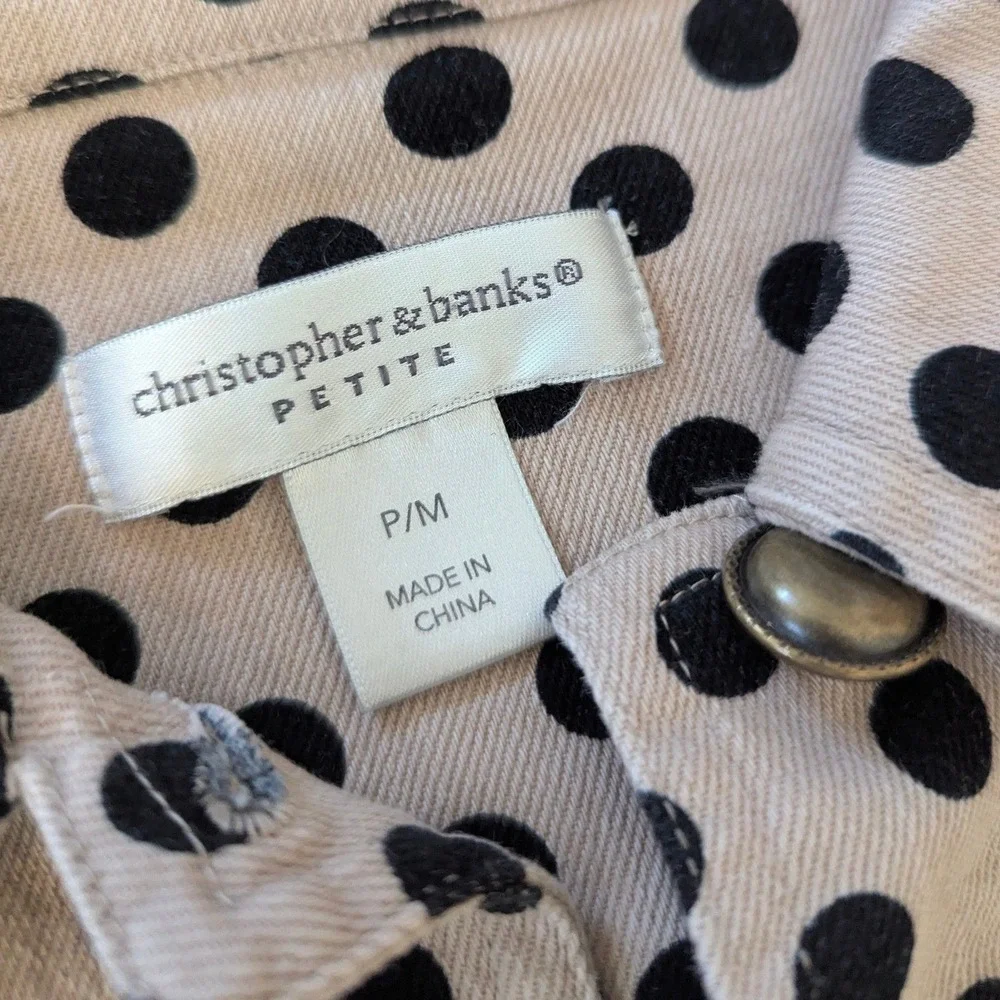 Christopher & Banks Petite Polka‎ Dot Denim Jacket Tan Black Button Front PM